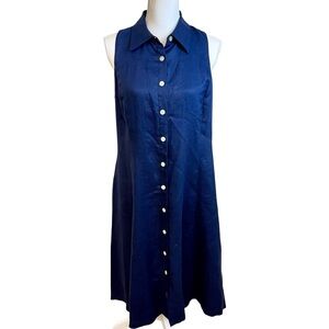 LAUREN Ralph Lauren Linen Button Front‎ Midi Dress 12 Navy Preppy Coastal Luxury